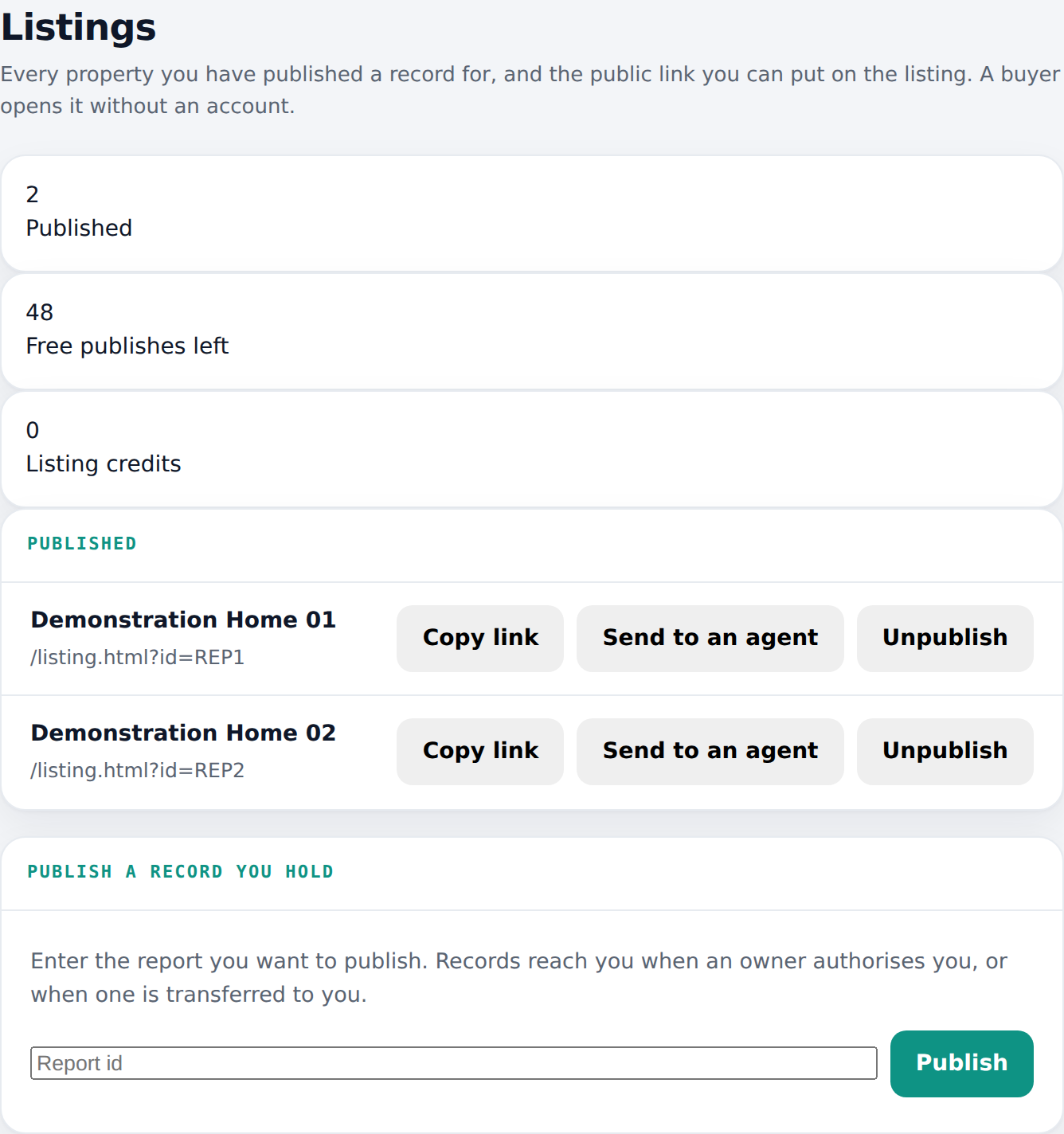 Agent console, listings: properties with a published record and a public link for the listing.
