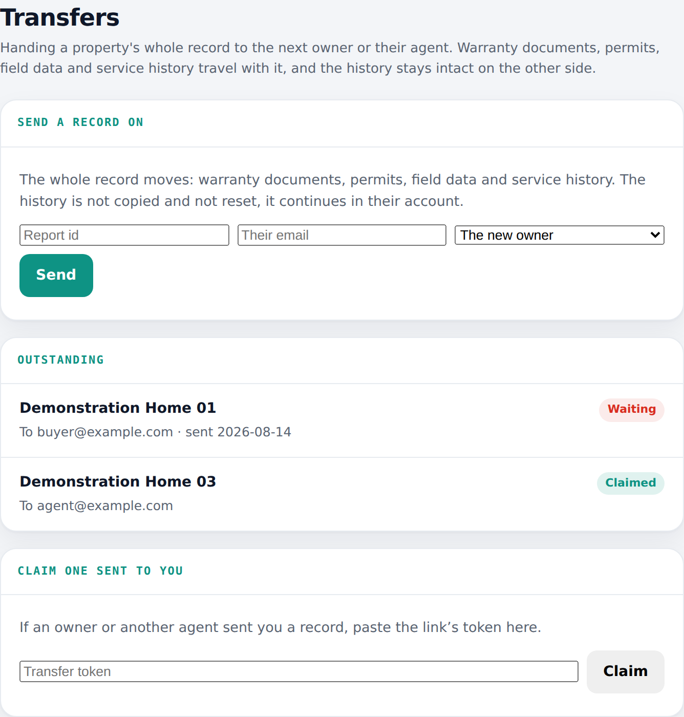 Agent console, transfers: send a property’s whole record to the next owner or their agent.